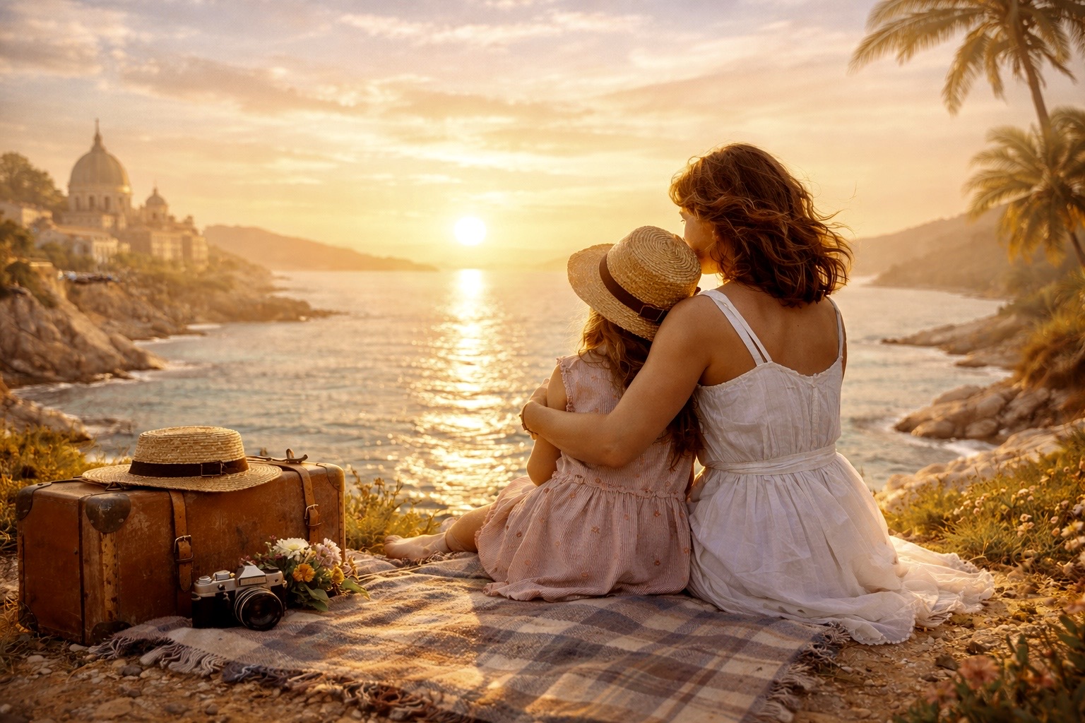 A mother and daughter watching the sunset together