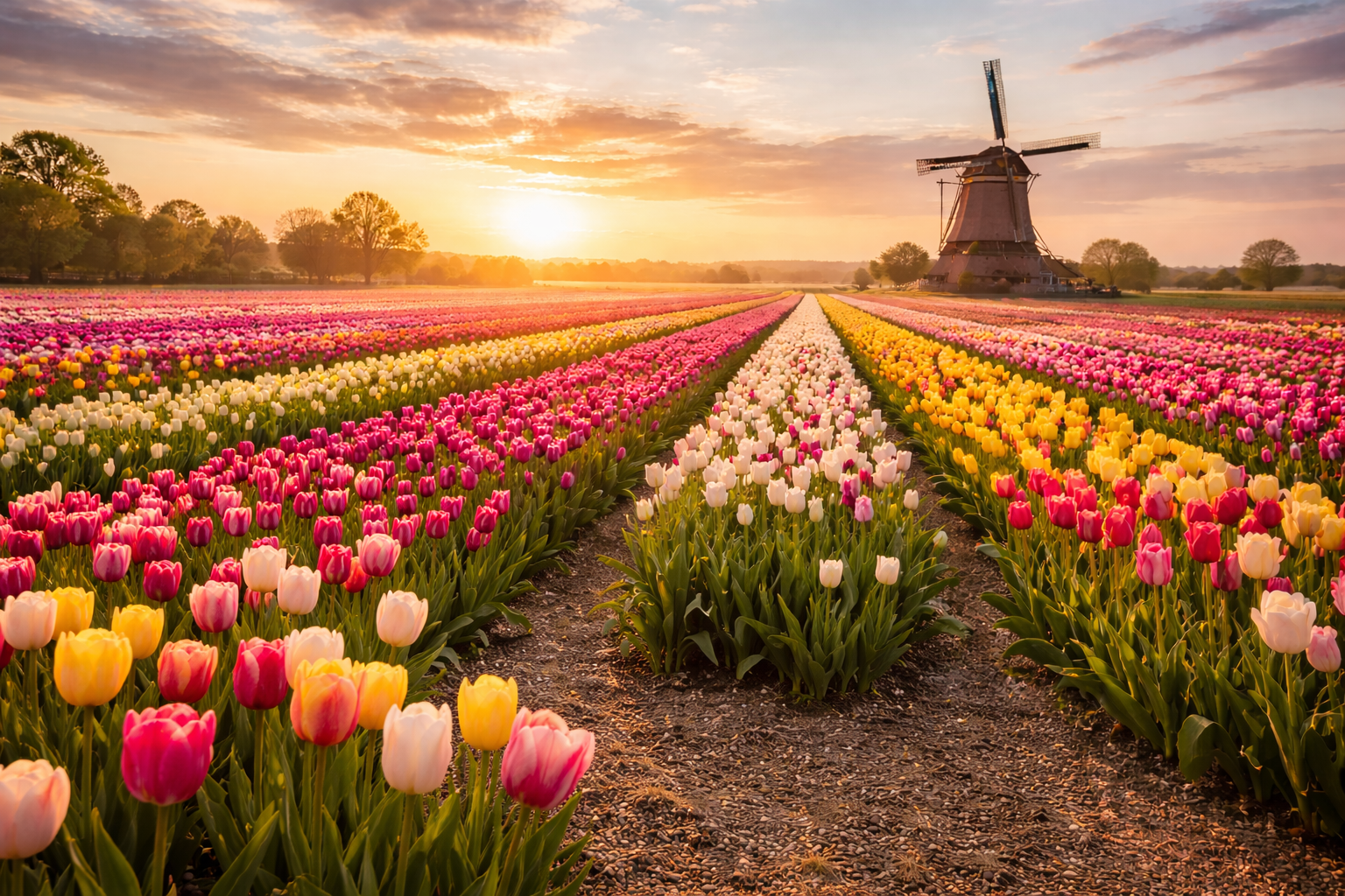 Dutch tulip fields at sunrise